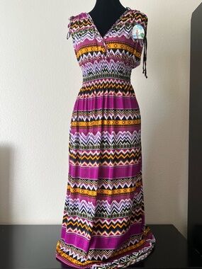 Tribal Boho Festival Spring Print Ready Ruched Shoulder Maxi  Dress Sz M